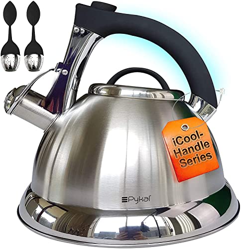 Pykal Tetera Silbante para Cocina - 2,8L - Teteras con Mango de 5 PLY iCool de Acero Inoxidable - Tetera con 2 Infusores También para Placa de Gas o Calentador de Inducción