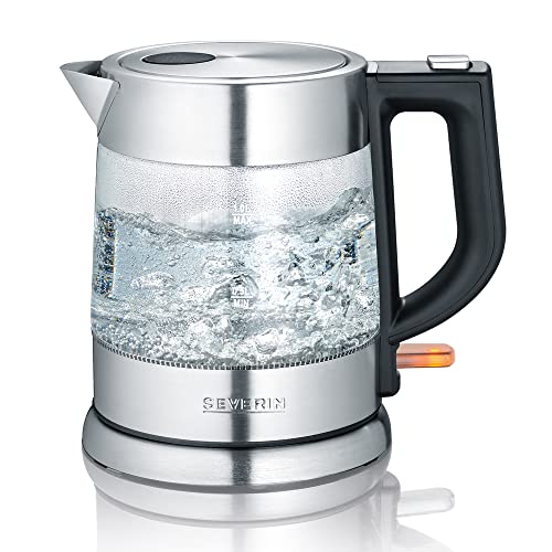 SEVERIN Hervidor de agua de cristal, jarra para hervir agua con conexión inalámbrica, potente y compacta, hervidor eléctrico con filtro antical, acero inoxidable/negro, WK 3468