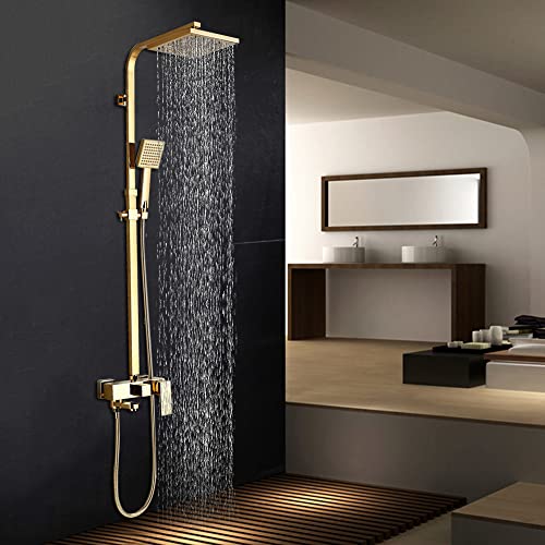 TVTIUO Columna de Ducha Conjunto de Ducha,Set de Ducha con Latón Alcachofa Ducha Lluvia 20x20cm y Barra Altura Ajustable,Dorado