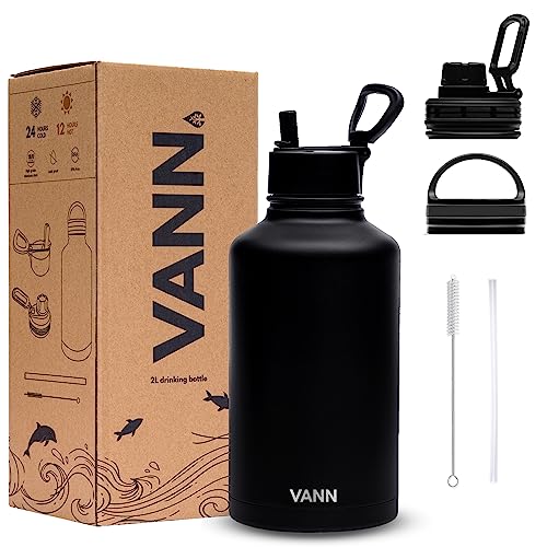 VANN Botella de agua con pajita 2L - Botella deportiva con pajita - Libre de BPA. Botella de agua aislada - Botella de agua grande - Cantimplora Termo - Doble pared - 3 tapas diferentes - Negro