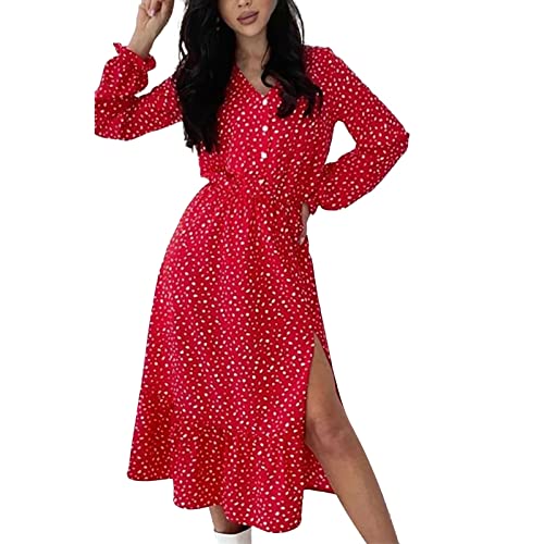 Vestido de Gasa con Abertura en el botón y Cuello en V de Lunares de Manga Larga con Volantes para Mujer Vestido Largo Bohemio Fluido de una línea Vestidos Mujer Sexy Noche(1-Rojo,L)