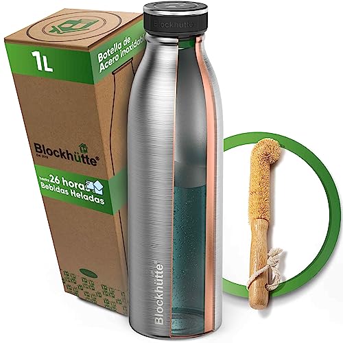 Blockhütte Botella agua acero inoxidable con aíslamiento I 1 litro I con cepillo para botellas, Botella termica para bebidas con gas, Botella reutilizable antiderrame, Para niños, Sin BPA, termo cafe