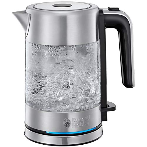 Russell Hobbs Hervidor de Agua Eléctrico Compact Home - 0,8 litros, Hervidor Pequeño, 2200 W, Diseño Compacto en Cristal, Filtro Extraíble, Base de 360°, Detalles en Acero Inoxidable, Plata - 24191-70