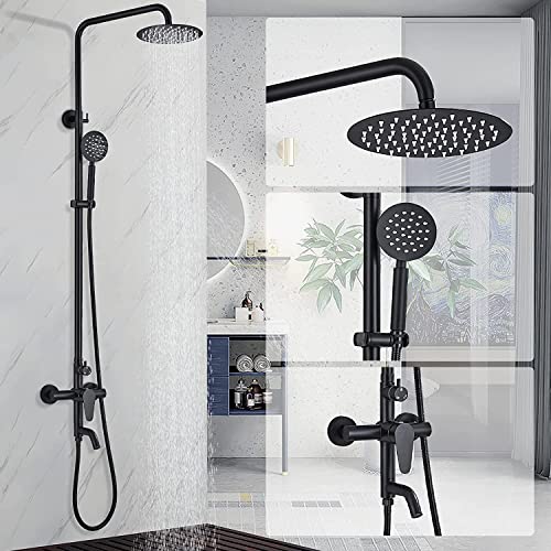 Aworddy Columna Ducha con Grifo,Negro Duchas De Baño Columna con Alcachofa Ducha Mano y Cabezal Ducha Lluvia 20x20cm Columna De Ducha ajustable en altura con Estanteria Baño