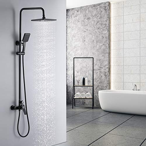 Columna Ducha Negra, Auralum Ducha Negra Altura Regulable 90-120cm, Columna Ducha con Grifo y Alcachofa de Ducha Cuadrado para Baño