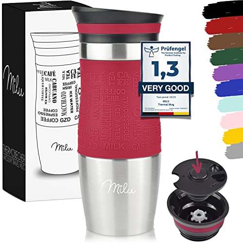 Milu Taza aislante de café y té para llevar 370ml 450ml - 100% a prueba de fugas - Taza de acero inoxidable para beber - vaso de aislamiento al vacío - Caliente y frío - Taza de viaje (Rojo, 370ml)