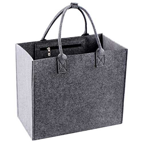 Bolsa de Compras de Fieltro Reutilizable, Bolsa de Fieltro para Compras/Juguetes/Ropa/Calentar Leña, Bolsa de Compras de Fieltro con Hebilla/Bolsillo, Bolsa de Fieltro con Asa (34,5*30*20cm Gris)